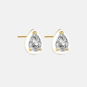 Detailed view of pear-cut zircon earrings with gold plating and white enamel finish