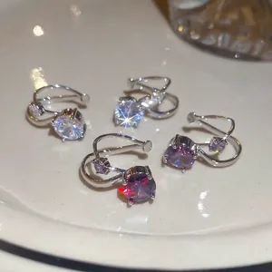 Minimalist silver ear cuffs with round white and purple cubic zirconia in double-layer style