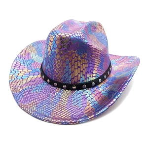 Iridescent snake pattern western cowboy hat with metallic gradient and studded band