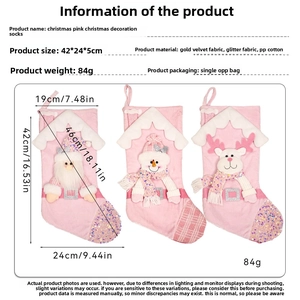 Pink velvet Christmas stocking with Santa, snowman and deer characters, size 42x24cm