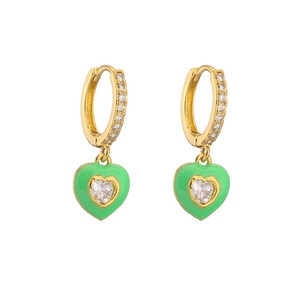 Detail of gold huggie hoop earrings with green enamel hearts and white cubic zirconia