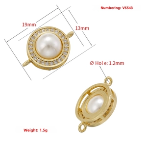 Gold round pearl and zircon connector for DIY jewelry with detailed size measurements