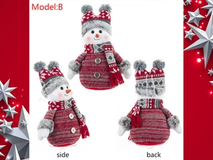 Three-view display of Christmas snowman plush doll with knitted hat and scarf decor