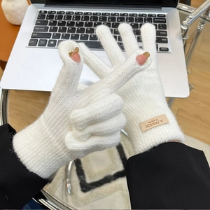 White knitted touchscreen gloves for women featuring convenient finger openings for winter