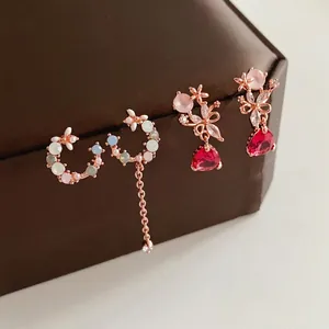 Asymmetric Flower Crescent Earrings With Silver Earring Post Zircon Rose Gold Copper Waterdrop Tassel Elegant Jewelry
