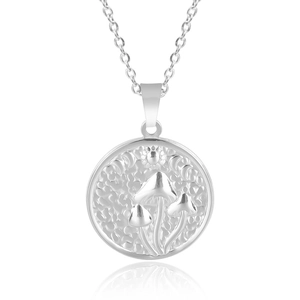 Detailed macro view of silver steel necklace featuring mushroom moon and sun relief patterns