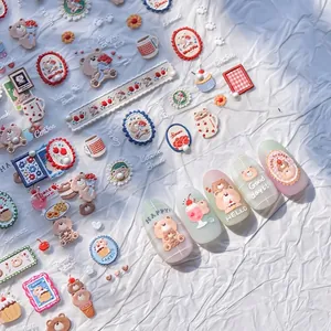 Cute 5D embossed bear nail art stickers with crystal diamonds and floral patterns