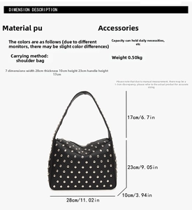 Detailed size chart for the studded PU leather shoulder bag showing all dimensions