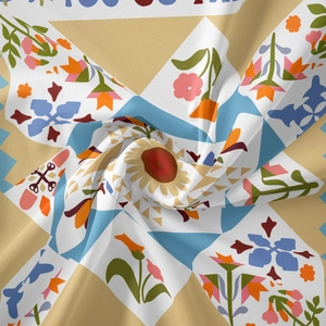 Macro shot showing premium thick fabric texture and vintage floral patchwork patterns