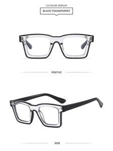 Detailansicht der transparenten schwarzen quadratischen Brille von vorne und von der Seite