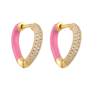 Pink enamel heart earrings with gold base and zircon accents on a white background