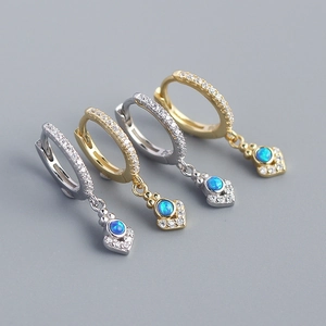 925 Sterling Silver Hoop Earrings With Round Blue Opal And Cubic Zirconia Bohemian Huggie Style For Women