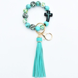 Leopard print silicone beaded keychain bracelet with mint tassel and Jesus cross pendant