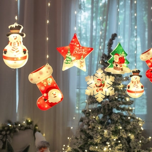 LED Christmas String Lights Warm White USB Battery Powered Window Curtain Icicle Light With Snowman Star Tree Pendants