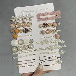 Detailed view of fashion hair clip set with pearls and resin on display card