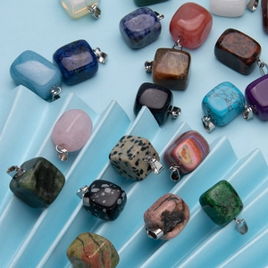 Variety of colorful natural stone square pendants with metal clasps for DIY jewelry making