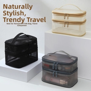 Detail view of double-layer mesh toiletry bags in black, gray, and cream with handles