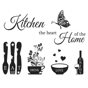 Kitchen the heart of the home wall decals with coffee cup and butterfly silhouettes