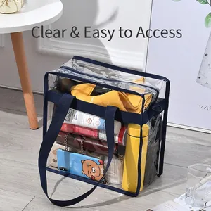Large capacity transparent PVC beach bag with blue nylon handles for swimming gear