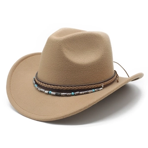 Detail of khaki wool felt western hat featuring turquoise beads and braided leather band