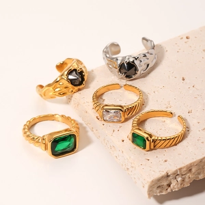 Retro emerald stone rings with 18k gold plated stainless steel and open adjustable bands