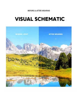 Polarized lens visual schematic showing glare reduction and high contrast natural landscape