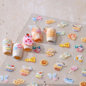 3D dessert nail art stickers with cute pink bears and macaron donuts for girls
