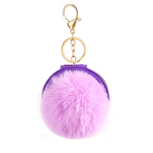 Faux rabbit fur ball makeup mirror keychain in purple with golden lobster clasp and ring