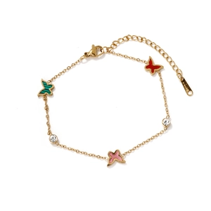 Elegant gold butterfly link bracelet with colorful enamel pendants and sparkling rhinestones
