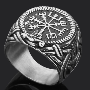 Detailed macro view of silver Viking Vegvisir compass ring with engraved side textures