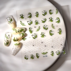 3D embossed lily of the valley nail stickers with pearls and floral crystal accents