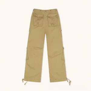 Detail of khaki cargo pants back view featuring flap pockets and adjustable hem drawstrings