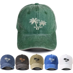 Washed Cotton Baseball Cap Palm Tree Embroidered Distressed Vintage Summer Sunshade Casual Hat For Men Women