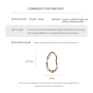 Size chart showing long layered pearl necklace with tiger eye stone and copper chain