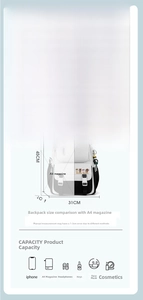 Detailed size guide showing nylon backpack dimensions 45x31x21cm relative to A4 magazine