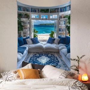 Detail view of Bohemian wall tapestry showing a sunlit library window with ocean view