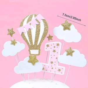 Detailed view of pink hot air balloon cake toppers with measurements for birthday decor