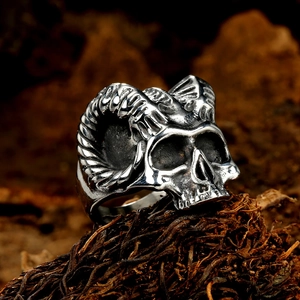 Vintage punk goat skull ring for men made of durable silver-colored stainless steel