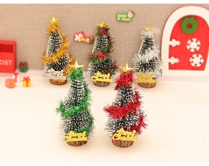 Set of 5 mini frosted cedar trees with colorful ribbons and Merry Christmas bases
