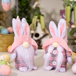Easter gnome plush set with pink plaid rabbit ears and whiskers for festive table decoration