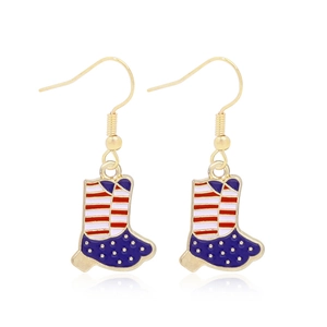 Detailed close-up of American flag pattern boots earrings with red white and blue enamel