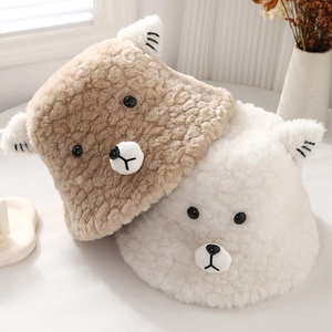 Plush teddy bear bucket hat in khaki and white fleece for winter warmth and outdoor style