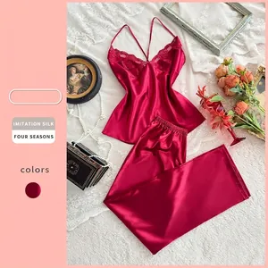 Caraco En Satin Rouge Vin Et Pantalon Long Pyjama Dentelle Dos Croisé Sexy Vêtements De Nuit Élégants Femmes