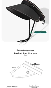 Detailed size chart and technical specifications for the UPF 50+ sun visor hat