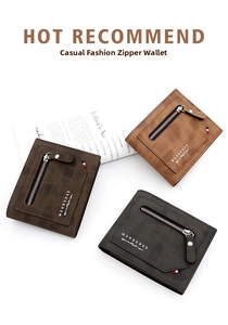 Three men's bifold wallets in dark brown, light coffee, and gray with matte texture