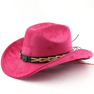 Detail of rose suede cowboy hat featuring brown leather band and bull head metal buckle