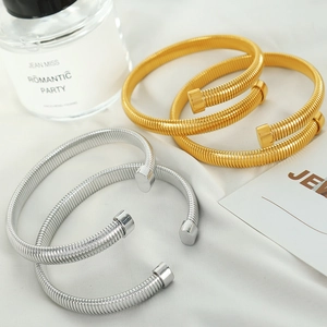 Minimalist spiral textured adjustable open bangle bracelet in gold and silver finish