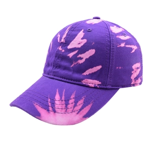 Stylish tie-dye baseball cap in purple and pink cotton, side view on white background