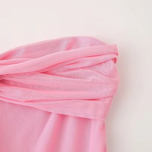 Elegant pink mesh strapless dress with a flattering twisted waist and pleated detail