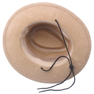 Breathable khaki mesh straw hat for men with wide brim and adjustable chin strap
